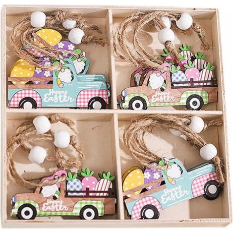 Ornement Accroche - Figurine Bois Lapin Nain Voiture Pâques - Décoration Intérieure Extérieure - Lot de 12 (1/3)