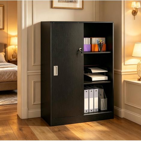 Armadio ufficio con ante scorrevoli e serratura 80 x 40 x 120 cm nero DESVIAE (1/5)