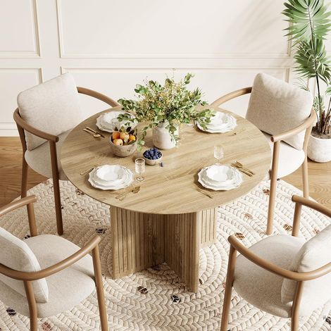 Tribesigns 100cm Round Dining Table for 4, Farmhouse Retro Kitchen Table with Fluted Pedestal Base, Small Dinner Table for Dining Room, Kitchen, Living Room (1/5)