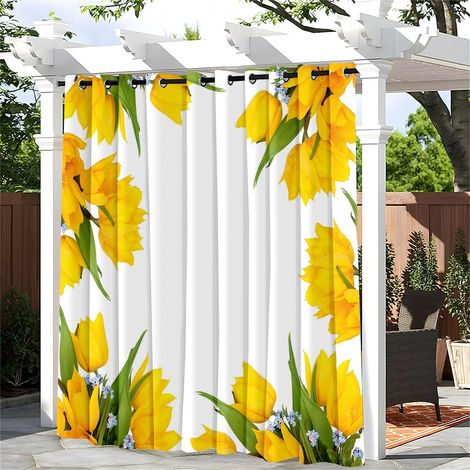Rideau Exterieur Impermeable avec Œillets, 1 Panneau Anti Chaleur Blocage Rideau Exterieur, Opaques, pour Jardin, Veranda, Imprimés de Fleurs Colorés (Fleurs Jaunes et Blanc,180x213cm) (1/5)