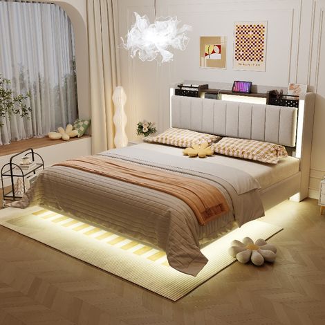 Polsterbett 140x200 mit LED-Beleuchtung und USB-Steckdose, Schwebebett mit Stauraum im Kopfteil, Doppelbett aus Leinenstoff, Beige (1/5)