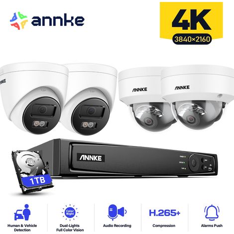 ANNKE 4PCS 12MP Sistema di telecamere di sorveglianza interni esterni, rilevamento di persone/veicoli, accesso remoto visione notturna colori, 2 Torri+ 2 Dome Telecamere 1 TB (1/5)