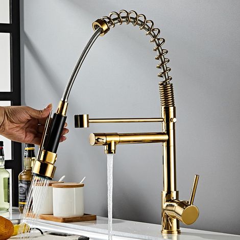 Robinet Cuisine Doré avec Douchette Extractible Double Jet Mitigeur Évier Inox Nickel Brossé Tuyau Inclus Élégant (1/5)