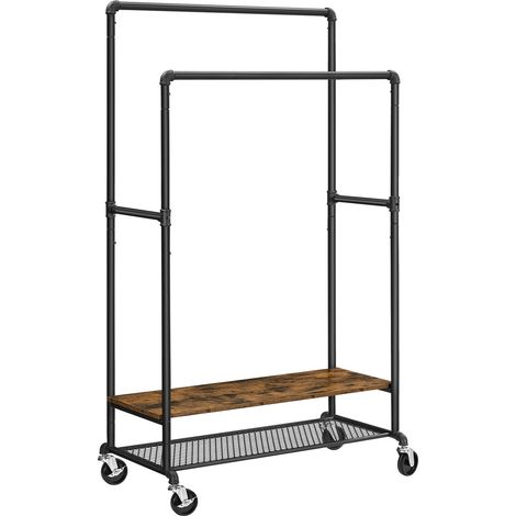 Perchero extensible perchero con ruedas y 2 barras de estilo industrial 175 cm marrón rústico y negro 120002350 (1/2)