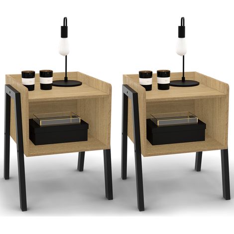 Idmarket – Lot de 2 tables de chevet – Niche bois et pieds métal noir – Design industriel – Dimensions 40x40x50 cm