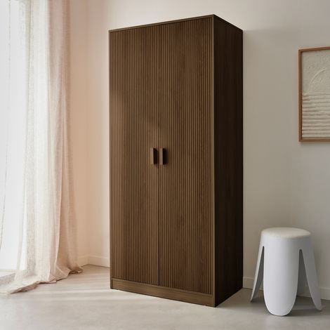 Sweeek – Dressing penderie 2 portes avec rangements – Panneaux stratifiés noyer – Dimensions L 80 x P 48 x H 180 cm – 3 niches et 2 étagères