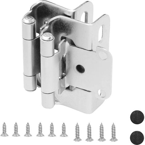 (Argent) Lot de 2 charnières de porte en métal avec vis, recouvrement de 1/2 pouce, semi-enveloppantes, à fermeture automatique, pour meubles de cuisine et placards. (1/5)