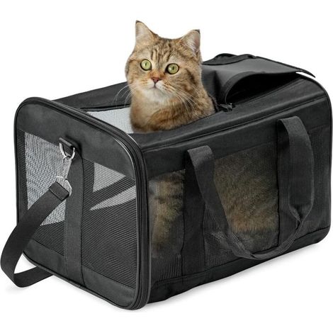 Sac De Transport Chat/Sac De Transport Chien pour Chats, Petits Chiens, Chatons Ou Chiots, Souple et Pliable avec Tapis en Laine pour Voyage en Avion, Voiture et Train Noir (1/4)