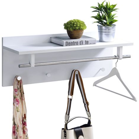 Idimex – Porte-manteau mural Ulf blanc – Panneau en bois 75x24cm – 4 crochets métal chromé – Charge max 5kg (1/3)
