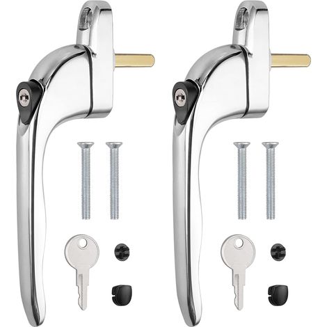 Window Handle 2Pcs Inline Window Handle Universal Espag Key Locking Lockable Double Glazing Replacement uPVC Window Handles for All Common Windows and Balcony Doors, Chrome