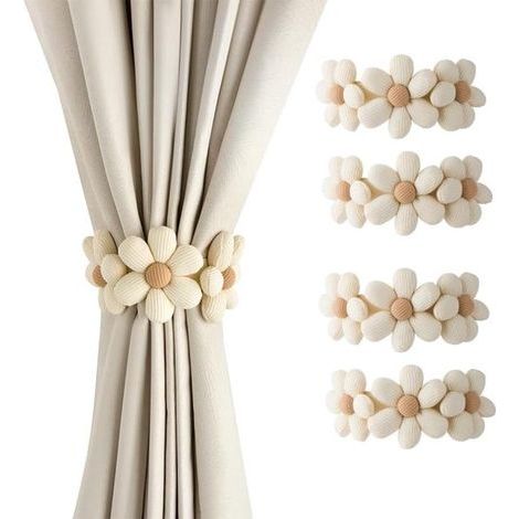 Longziming – Raffhalter – Dekorative Gardinenhaken – Bohème-Stil – Verstellbare Länge 45 cm – Naturbaumwolle und Leinen – Blumenmuster – Für den Innen- und Außenbereich – 4er-Set (1/5)