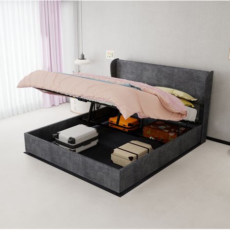 Lit rembourré avec rangement 160x200 cm gris, tête de lit capitonnée, base relevable OKWISH (1/5)