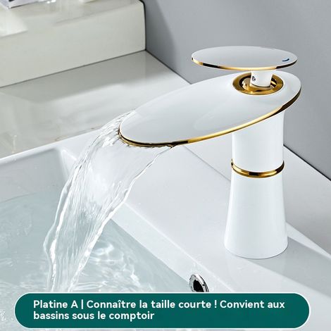 Robinet de Lavabo Blanc Court, Cuivre Massif, Cascade, Mitigeur Eau Froide et Chaude, Monotrou (1/4)