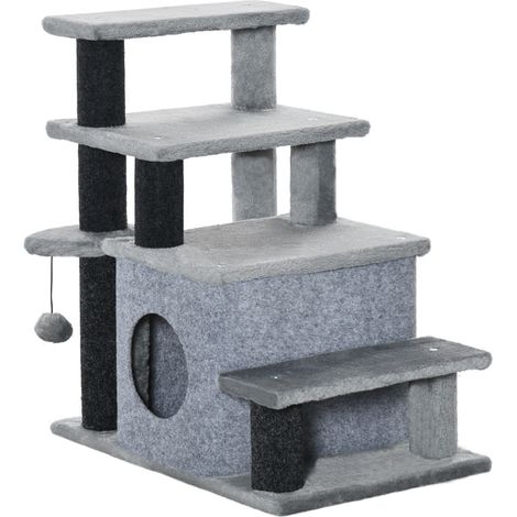 Torre per gatti 3/4 livelli con cuccia, pallina e rivestimento in peluche grigio (1/5)