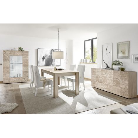 Salle à manger complète 6 places en bois laqué blanc – Buffet 3 portes 180cm – Vitrine 2 portes vitrées – Table 180cm (1/5)