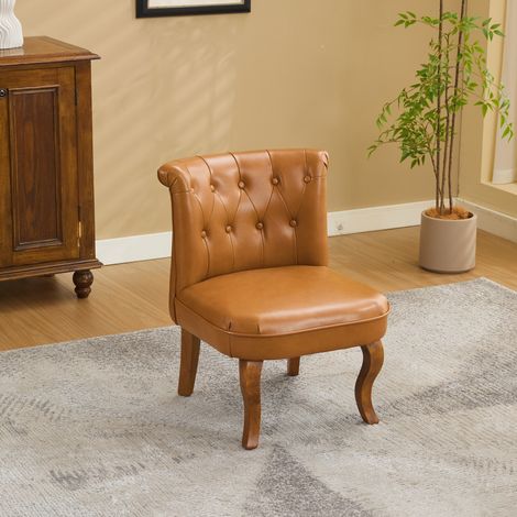 Sillón individual marrón claro en cuero y madera con botones decorativos y estructura resistente (1/5)