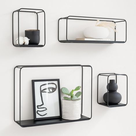 Étagère en 4 Parties en Métal et Placage de Bois Véritable Décoration Murale, Rangement et Étagère à Livres pour Salle de Bain, Salon, Cuisine, Chambre Chêne Noir (1/5)