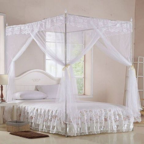 Moustiquaire - Lit Baldaquin Trois Ouvertures Latérales - Pour Lit Simple Double - Polyester Blanc - Taille L 150x200x200 cm (1/4)