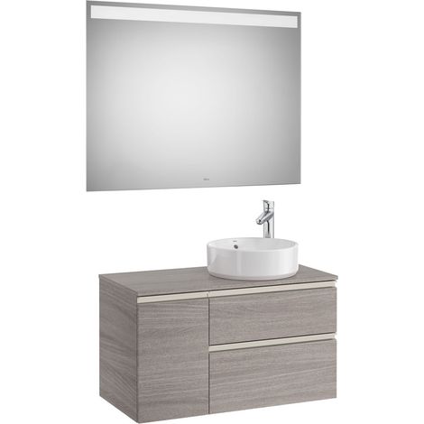 Pack meuble "The gap" 900 pour vasque à droite - 2 tiroirs + 1 porte + plan + miroir LED - city oak - Roca (1/2)