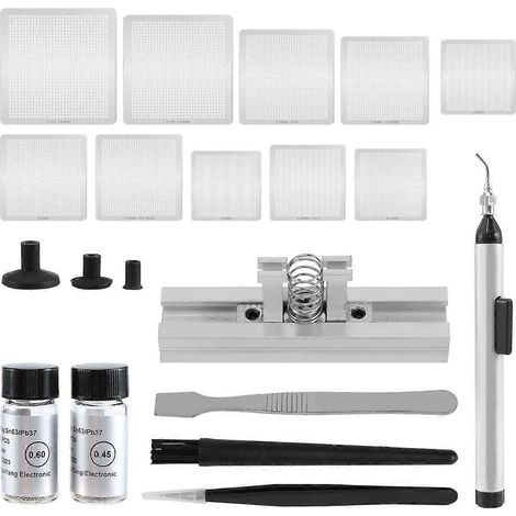 Kit de reballage BGA pour réparation CMS : pochoirs chauffants, pâte à souder, billes d'étain, station de soudage à chaud, treillis métallique. (1/5)