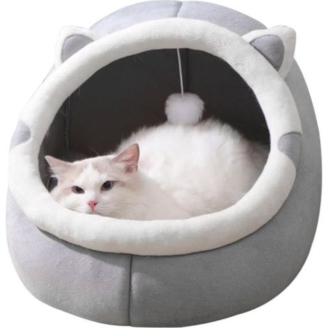 0 – Katzenbett, Katzenhöhle, halbgeschlossener Katzenkorb, gemütliche Katzennische mit Hängespielzeug und abnehmbarem, waschbarem Kissen, L, 454341 cm, grau (1/5)