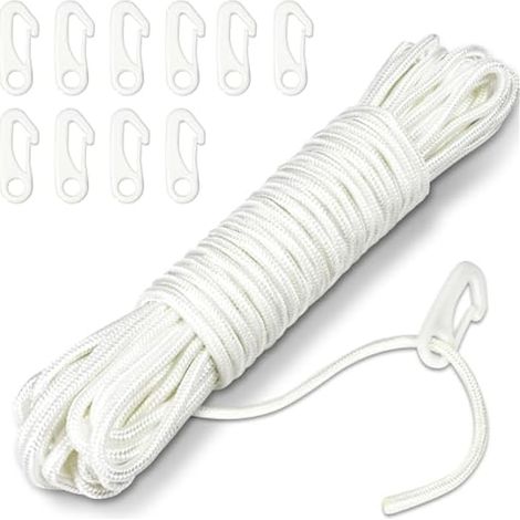 15M mât à drapeau avec 10 pinces, corde nylon 6mm épaisse, ligne blanche, kit drisse pour extérieur, balançoire, jardin, camping (blanc) (1/5)