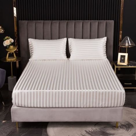 Drap Housse en Satin 198x203x35cm + taie d'oreiller 25075cm - Satin de Soie Doux Respirant Extensible Protège Matelas Drap - (1/4)