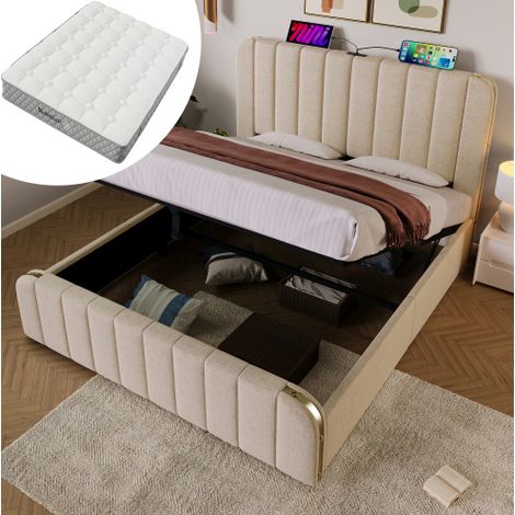 Cama canapé tapizada de lino beige 180x200 cm con cabecero decorado, USB/Type-C, somier de láminas y colchón incluido