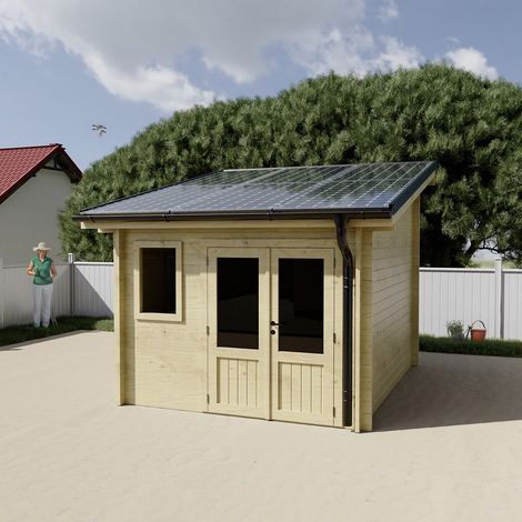 HABRITA Abri de jardin bois massif monopente 9,77 m² - madriers 42 mm - kit photovoltaïque