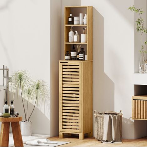 Meuble de salle de bain haut 34 x 30 x 170 cm, 3 étagères ouvertes, bambou naturel HAVRYA (1/3)