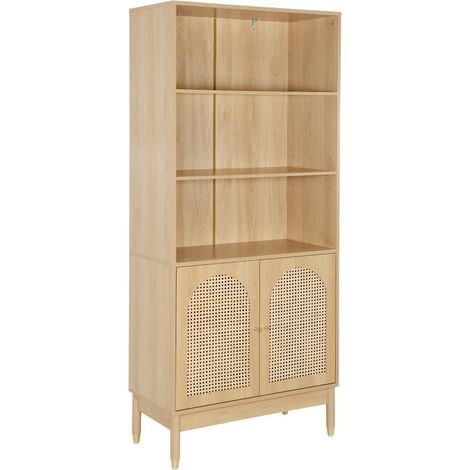 sweeek - Regal Bücherregal Holzdekor und Rattan-Geflecht 4 Ebenen 2 Türen