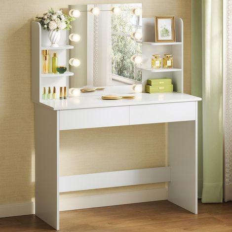 Coiffeuse avec Miroir LED à Luminosité Réglable WOLTU, Table de Maquillage avec 2 Tiroirs et 4 Étagères de Rangement en Bois, 40 x 90 x 135 cm, Blanc (1/5)