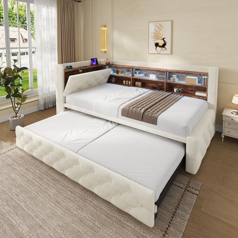 Divano letto estensibile 90 x 190 cm con contenitore, LED, USB-C, velluto beige OKMYHOME (1/5)