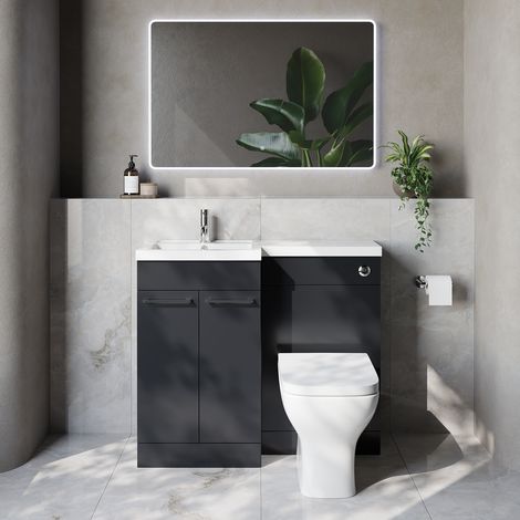Napoli 390 Gloss Grey 1000mm 2 Door Vanity Unit Toilet Suite with Left Hand Square Lucia Basin - 1000mm - Chrome 160mm HandleWith Kingston Toilet Pan and Seat