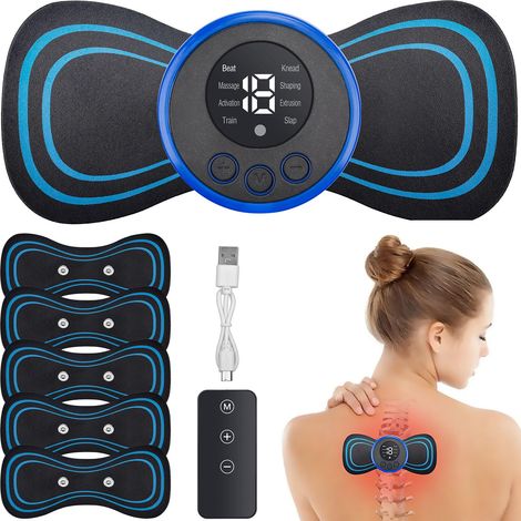 Mini Masseur Cervical Électrique Masseur d'épaule Cervical 8 Modes 19 Forces EMS Masseur Cervical avec 5 Tampons pour Cou Dos Jambe Genou et Muscles