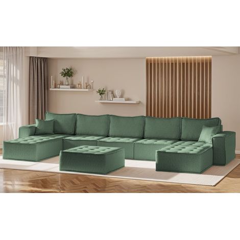 Wohnlandschaft Sofa U-Form Modulsofa-Set 6-teilig SANDE Stoff Raven Flaschengrün (1/5)