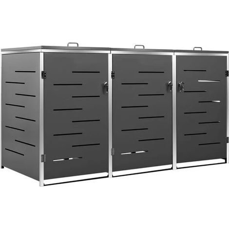 Un abri pouvant accueillir trois poubelles, mesurant 207 x 77,5 x 112,5 cm, en acier inoxydable.