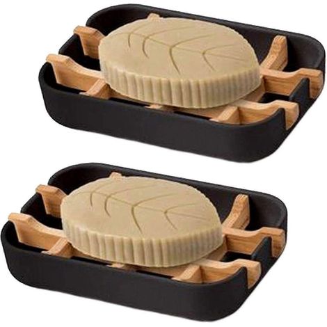 Porte-savon en bambou facile à nettoyer, auto-drainant, antidérapant et stable, écologique, en bois, pour salle de bain, cuisine, lavabo, baignoire (2 pièces) (1/5)