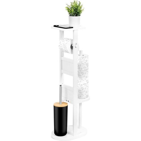 Porte-rouleau de papier toilette debout - En bambou - Avec brosse WC - Pour toilettes, salle de bain - Blanc (1/5)