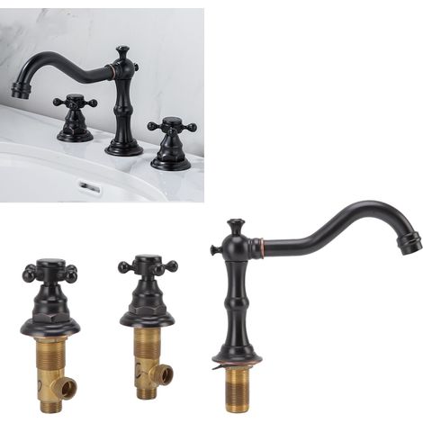 Robinet de style européen tout cuivre à double poignée et trois trous pour lavabo et vasque de salle de bain, robinet d'eau chaude et froide, anti-éclaboussures, noir. (1/5)