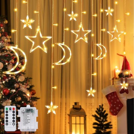 Rideau lumineux étoiles et lune de 3,5 m, rideau LED décoratif, guirlande lumineuse de Noël étoile et lune, pour décoration de fenêtre et rideau (1/5)