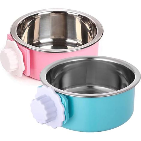Confezione da 2 ciotole per cibo per animali domestici, in acciaio inossidabile, da appendere, adatte a cuccioli, gatti, conigli e porcellini d'India. (1/4)
