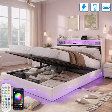 Lit Coffre 160x200cm avec Sommier - Éclairage LED RGB - Charge USB et Type-C - Rangement de Chevet - Lit 2 Personne - Velours Beige