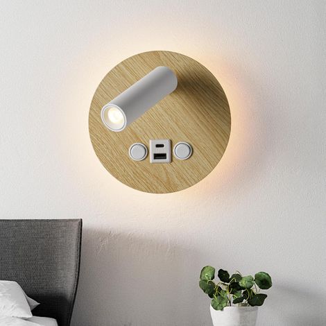 Applique murale LED lecture USB bois effet aluminium 3W+6W 3000K