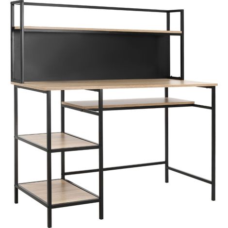 Bureau informatique noir 120x53x126 cm avec 4 étagères en chêne, parfait pour salon ou chambre moderne. (1/5)