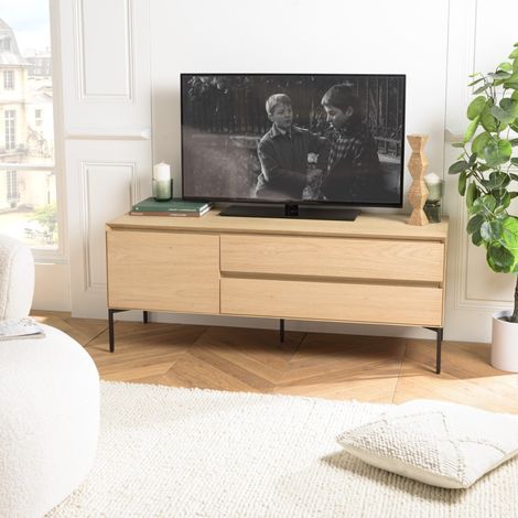 MAXENDRE - Meuble TV bois naturel 1 porte 2 tiroirs pieds métal noir (1/5)