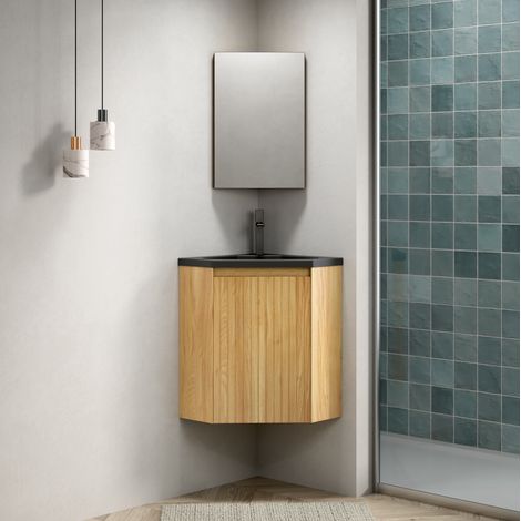 Lave-mains d'angle 54,5x38,5x52,4 cm en résine et bois noir mat, compact pour salle d'eau FloraGrace (1/5)