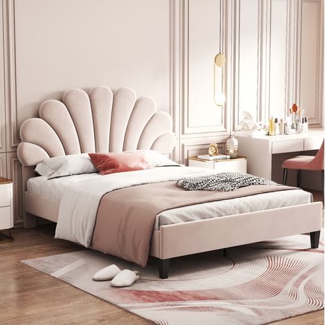 Cama tapizada moderna 140x200 cm en terciopelo beige con cabecero floral y somier de láminas (1/5)