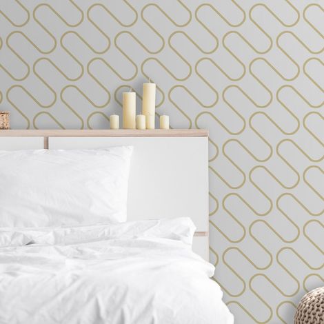 Metallic Gold White Linear Curve Wavey Lines Minimalist Feature Wallpaper (1/4)