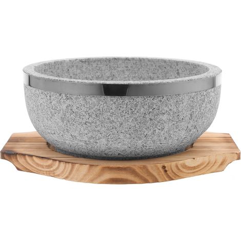 Bol pierre naturelle 18×18×7,7 cm sur support bois carbonisé, garde la chaleur (1/5)
